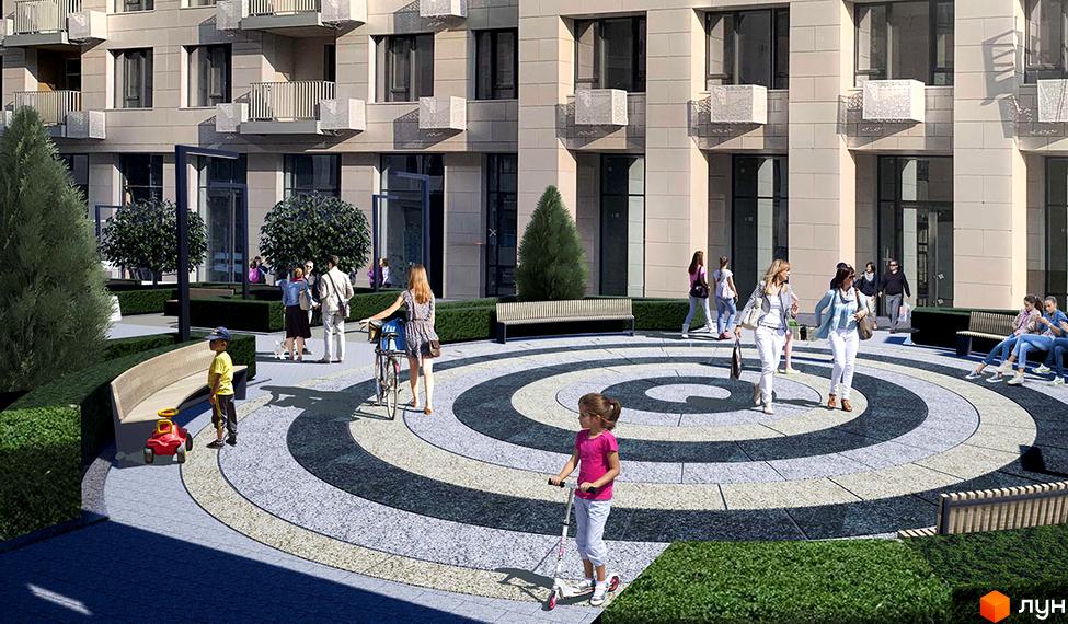 Житловий комплекс Ярославів Град: фасади будівель з балконами та вікнами, прибудинкова територія з доріжками, лавками та людьми.