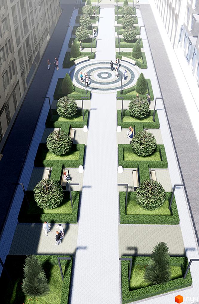 Житловий комплекс Ярославів Град. Візуалізація території з доглянутими зеленими зонами, кущами та деревами, місцями для відпочинку та пішохідними доріжками.