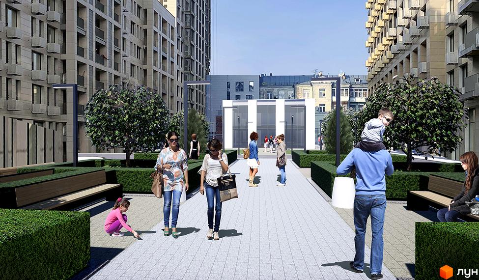 Житловий комплекс Ярославів Град. Зовнішній вигляд будинків та прибудинкова територія з пішохідною зоною, зеленими насадженнями та місцями для відпочинку.