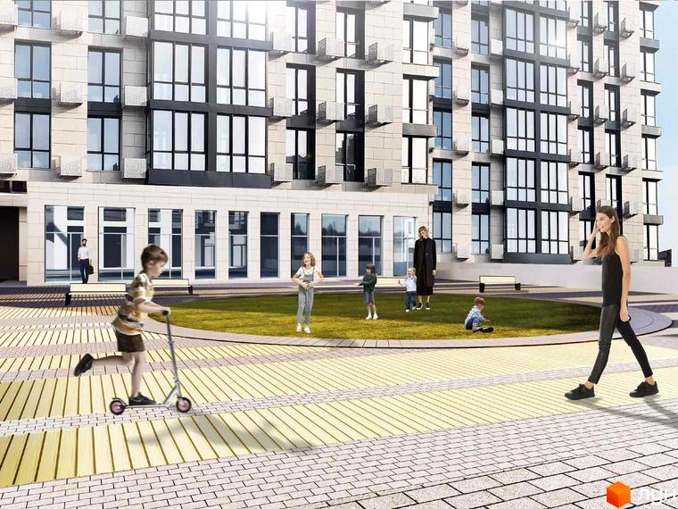 Житловий комплекс Ярославів Град з фасадом з світлої плитки та великими вікнами. На прибудинковій території діти граються на дитячому майданчику та їздять на самокаті.