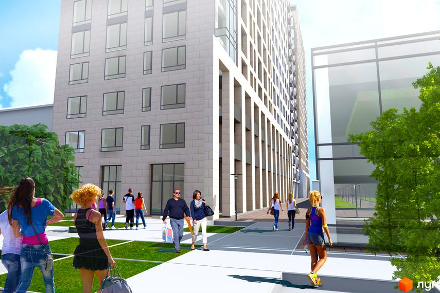 Житловий комплекс Ярославів Град з сучасною фасадною обробкою та просторою прибудинковою територією з зеленими зонами та пішохідними доріжками.