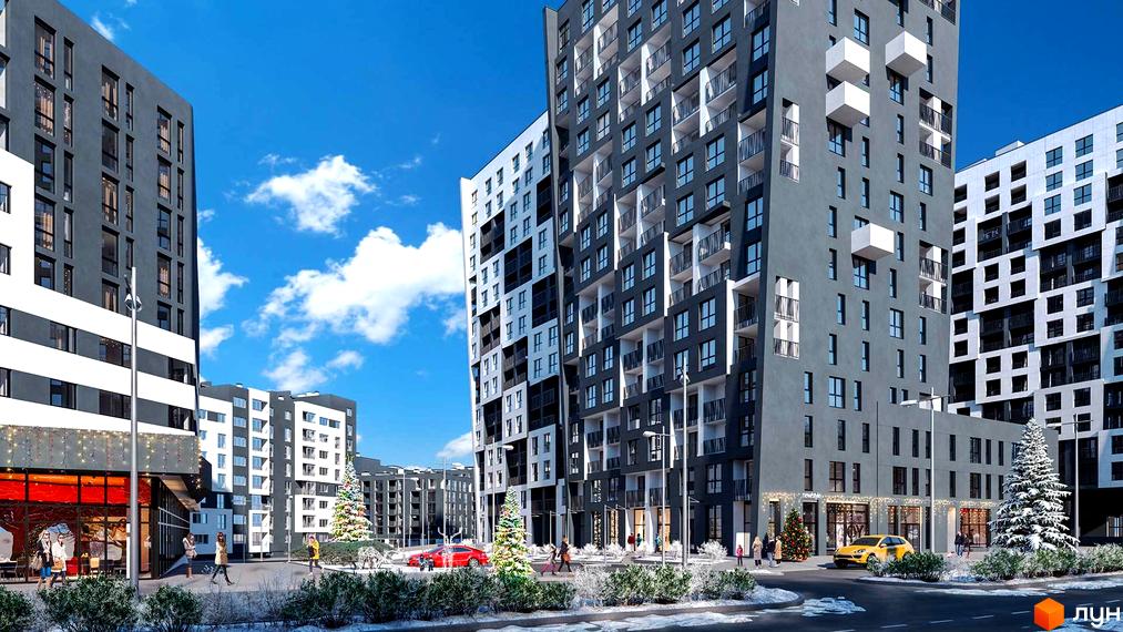 Житловий комплекс Америка. Сучасні багатоповерхові будинки з панорамними вікнами та балконами. Територія комплексу прикрашена ялинками та освітленням, створюючи святкову атмосферу.