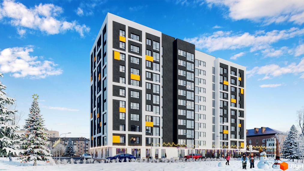 Житловий комплекс Forward з фасадом у білих, чорних та жовтих кольорах. На прибудинковій території сніг, ялинки та сніговики.