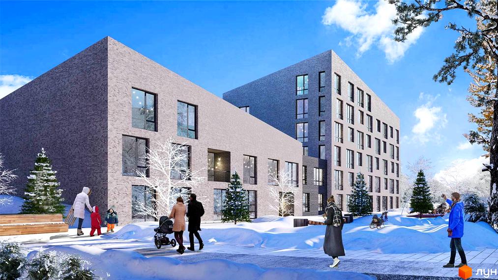 Житловий комплекс Містечко Підзамче. Зовнішній вигляд будівель та зимова прибудинкова територія з людьми.