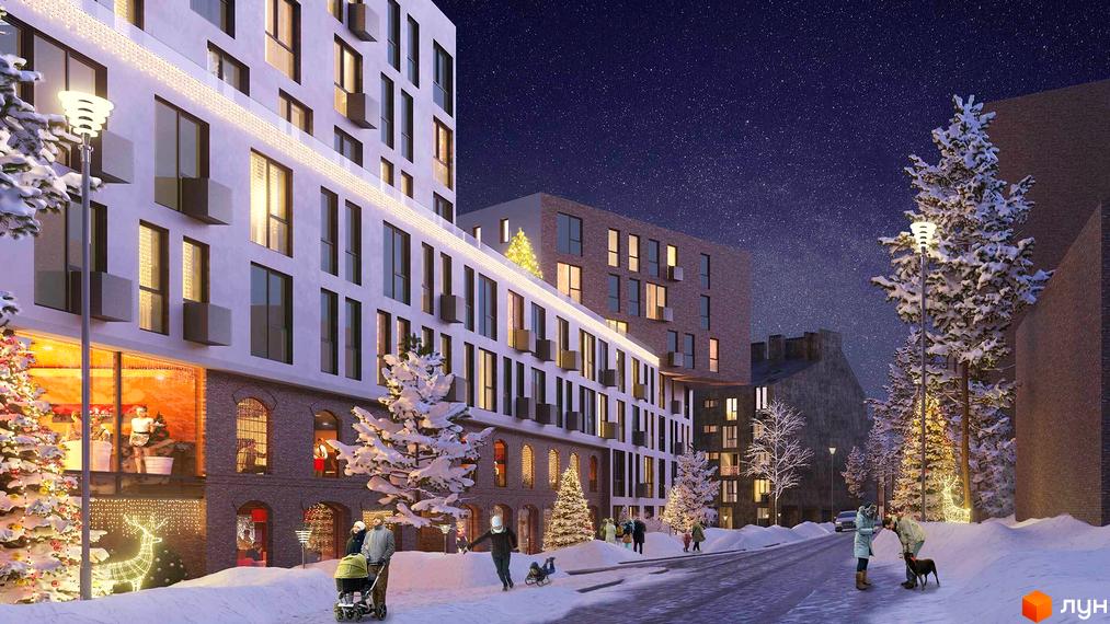 Житловий комплекс Містечко Підзамче у зимовому вечірньому місті з різдвяною ілюмінацією та новорічними ялинками.