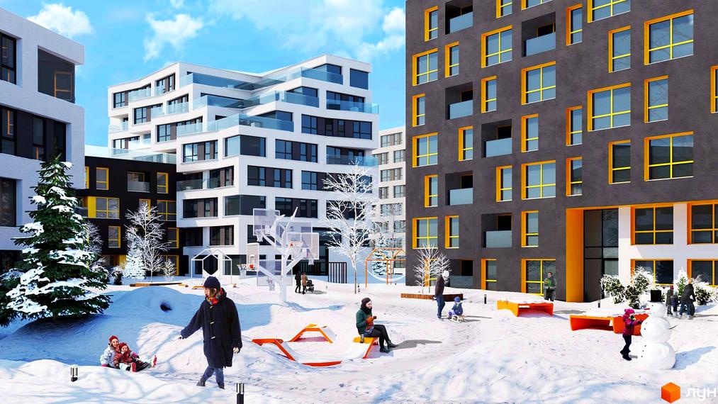 Зовнішній вигляд житлового комплексу Містечко Підзамче з білими та сірими фасадами, жовтими вікнами та зимовим двором з дитячим майданчиком та снігом.