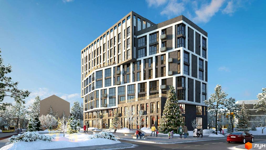 Зовнішній вигляд новобудови ЖК Містечко Підзамче взимку з прибудинковою територією та різдвяною ялинкою. Комплекс має сучасний дизайн фасаду з великими вікнами та балконами.