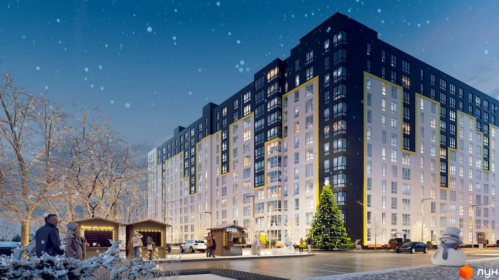 Висотна будівля Житлового комплексу Шенген з великою кількістю вікон. На території новобудови розташована ялинка, сніговик та різдвяний ярмарок.