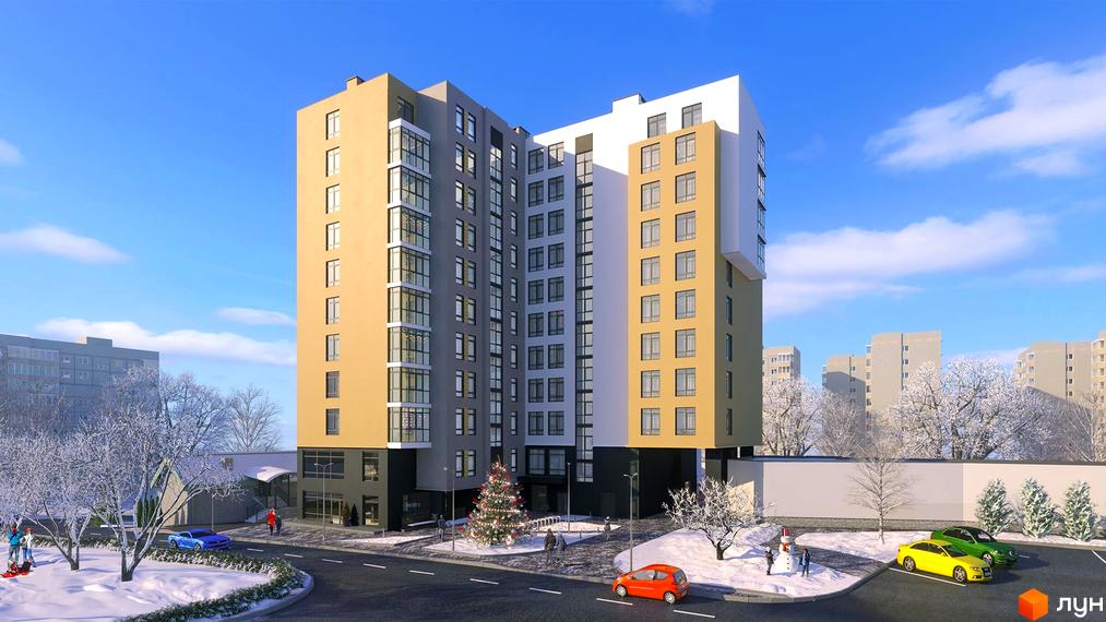 Зовнішній вигляд ЖК Topolis у зимовий період з прибудинковою територією та автомобілями. Новобудова має багатоповерхові секції з різним оздобленням фасадів.