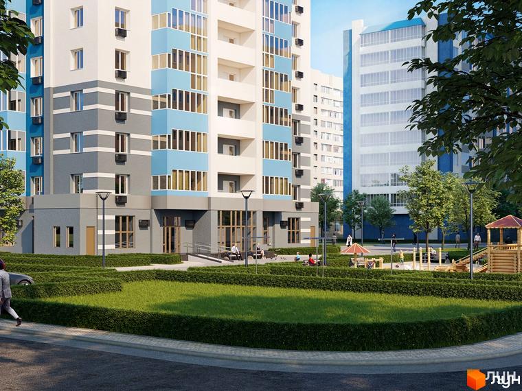 Високоповерховий будинок житлового комплексу Перлина Дніпра з блакитними вставками на фасаді. На передньому плані газон з живоплотом та дитячий майданчик.