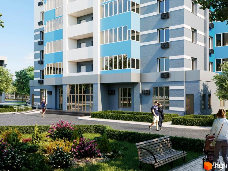 Багатоповерховий будинок Житлового комплексу Перлина Дніпра на Героїв з блакитними та сірими фасадами. Прибудинкова територія має зелені насадження, лавки та пішохідні доріжки.