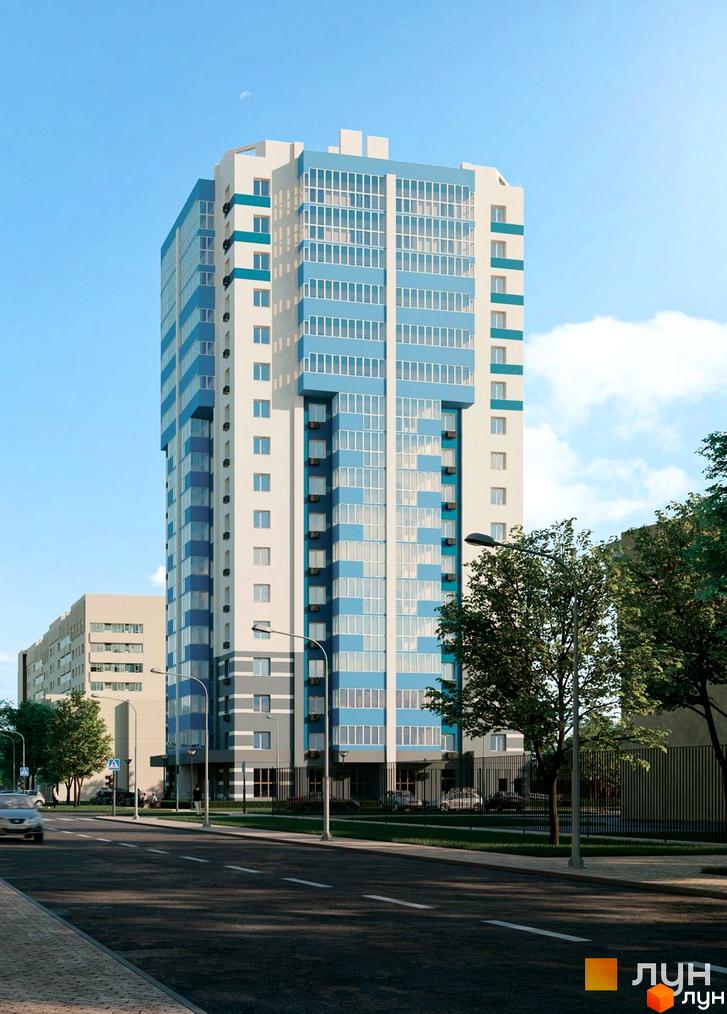 Висотна будівля ЖК Перлина Дніпра на Героїв з блакитними та білими фасадами, поруч дорога та зелені насадження.