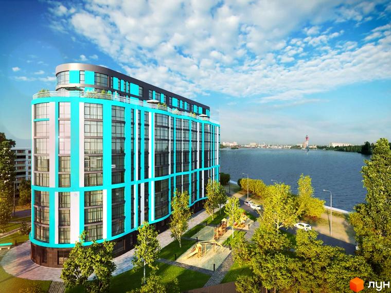 Новобудова ЖК Aquamarine з блакитними та білими фасадами біля водойми. Поруч дитячий майданчик та зелені насадження.