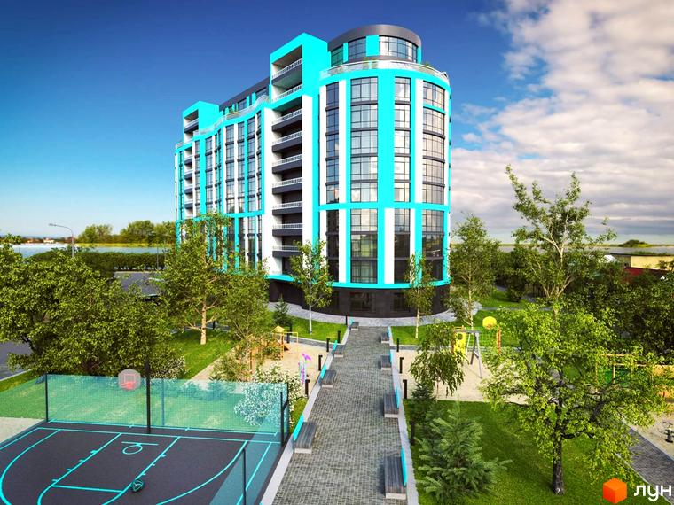 Новобудова Aquamarine: висотний будинок з бірюзовими смугами та великими вікнами. Прибудинкова територія включає баскетбольний майданчик, алеї та дитячий ігровий простір.