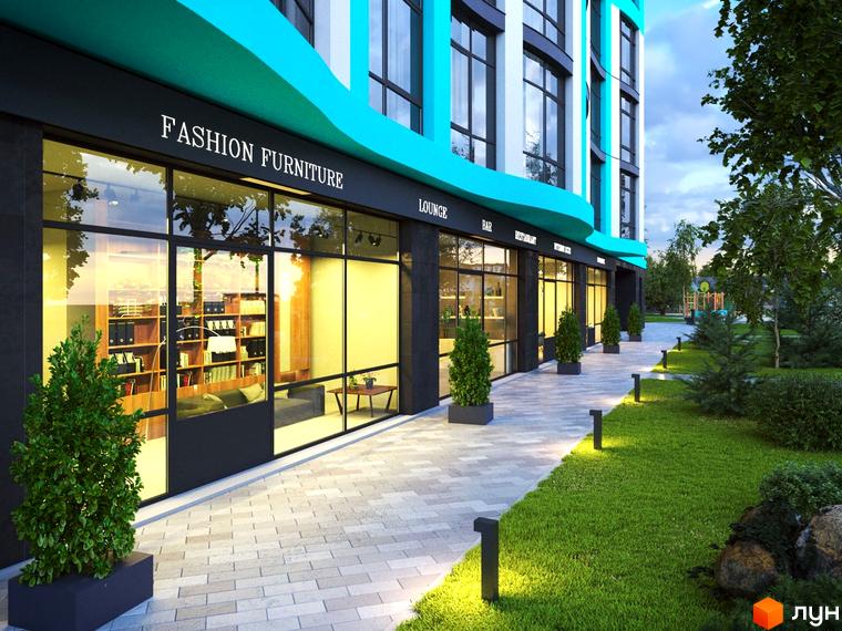 Житловий комплекс Aquamarine з комерційними приміщеннями на першому поверсі та хвилястим синім фасадом. Поруч доріжка, зелені насадження та освітлення.