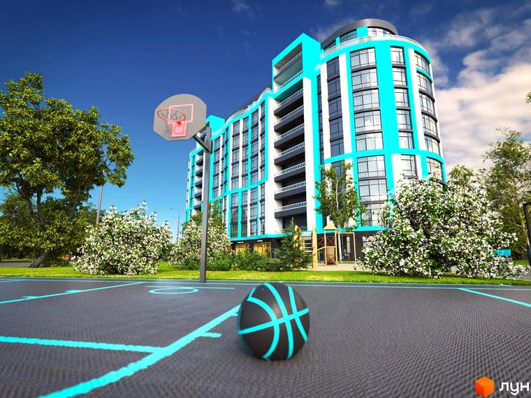 Житловий комплекс Aquamarine з вигнутим фасадом бірюзового та білого кольорів. На передньому плані баскетбольний майданчик та зелена територія з деревами.