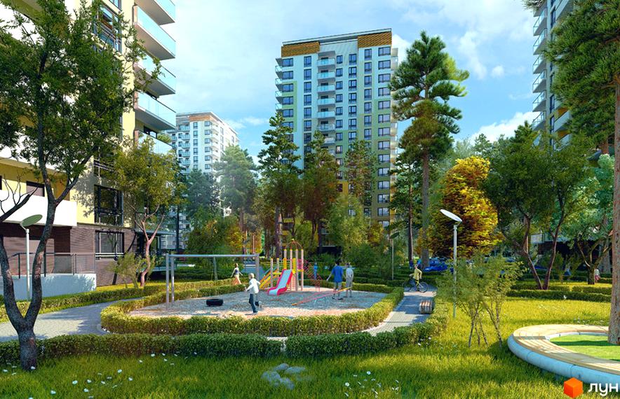 Житловий комплекс Відпочинок з сучасними будинками та прибудинковою територією з дитячим майданчиком і зеленими насадженнями.