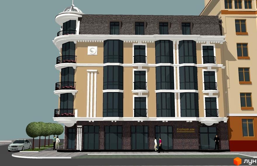 Зовнішній вигляд будинку ЖК На Гоголя з балконами та великими вікнами, поруч тротуар та дерева.