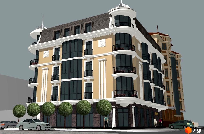 Фасад житлового комплексу На Гоголя з виступаючими еркерами, балконами та мансардними вікнами. Перед будинком розташовані дерева та автомобілі.