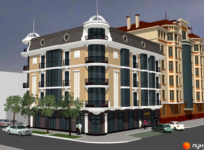 Зовнішній вигляд житлового комплексу На Гоголя з п'ятиповерховими будинками, балконами та вікнами. Навколо будинку дерева та припарковані автомобілі.