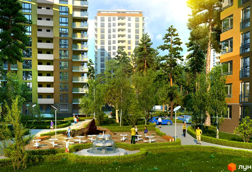 Житловий комплекс Відпочинок з сучасними фасадами та прибудинковою територією з фонтаном і зеленими насадженнями.