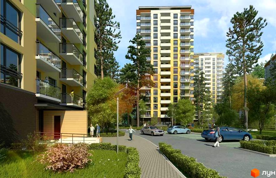 Житловий комплекс Відпочинок. Багатоповерхові будинки з балконами та паркуванням. Зелена прибудинкова територія з деревами та доріжками.