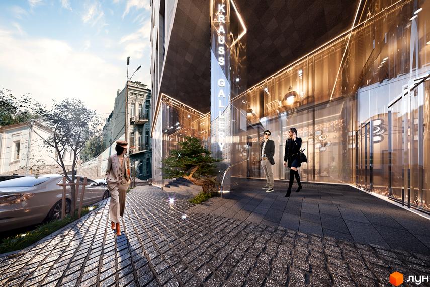Зображення фасаду та прибудинкової території Житлового комплексу Krauss Gallery. Архітектура будівлі, пішохідна зона.