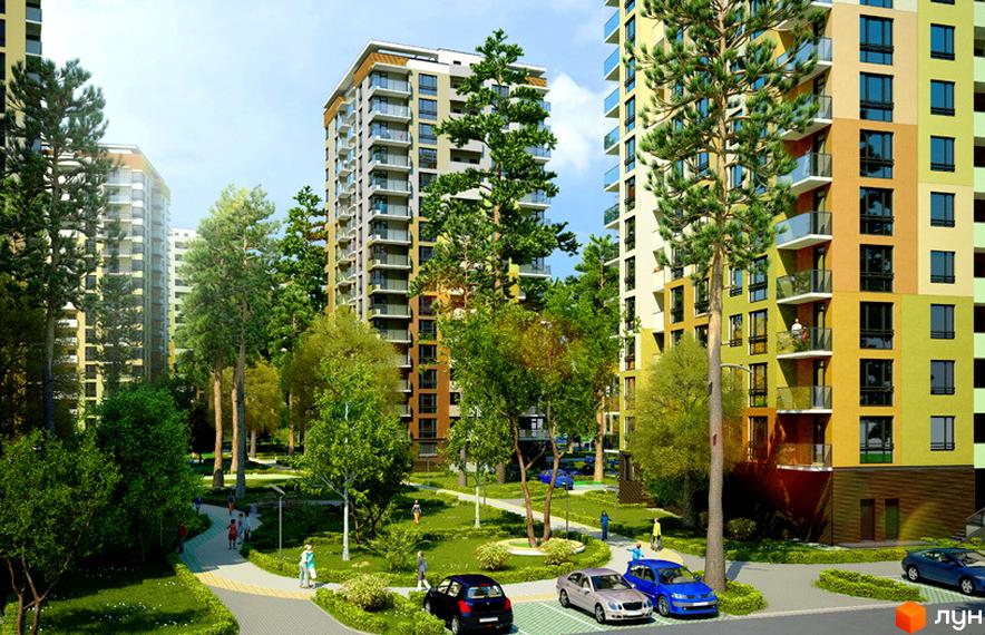 Житловий комплекс Відпочинок: багатоповерхові будинки з балконами та паркуванням. Зелена прибудинкова територія з доріжками та деревами.