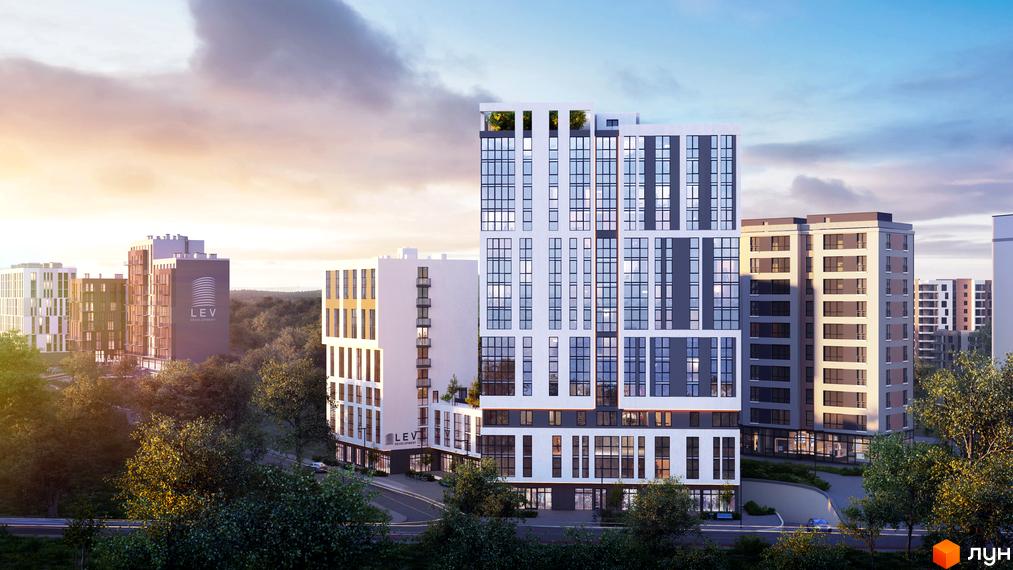 Житловий комплекс ARTHOUSE park: багатоповерхові будинки світлих відтінків з великими вікнами, оточені зеленою територією та дорогами.