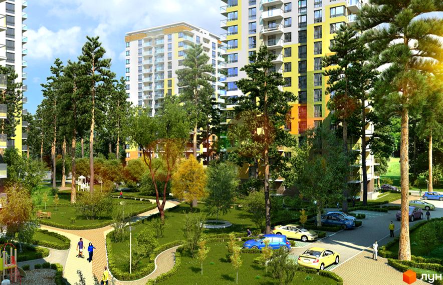 Житловий комплекс Відпочинок. Багатоповерхові будинки з жовтими та білими фасадами, балконами та великою кількістю вікон. Зелена прибудинкова територія з деревами, газонами та пішохідними доріжками.