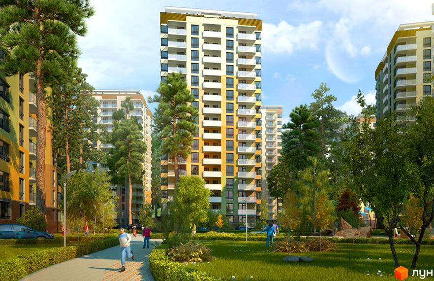 Житловий комплекс Відпочинок: багатоповерхові будинки з балконами та зелена прибудинкова територія з деревами та пішохідними доріжками.