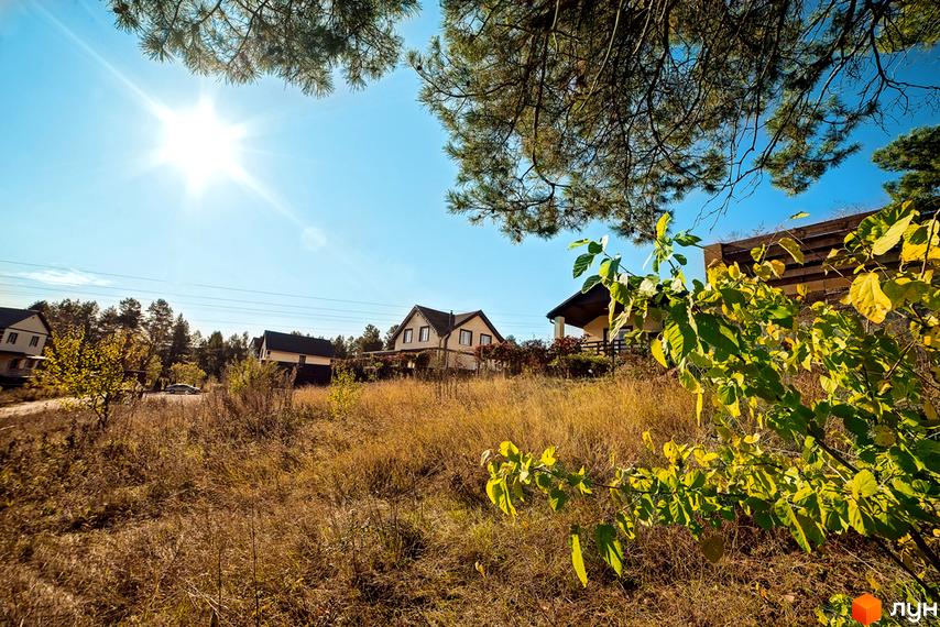 Котеджне містечко Лисичкина діброва. Будинки з темними дахами на тлі блакитного неба та зелені. Територія навколо будинків вкрита високою травою.