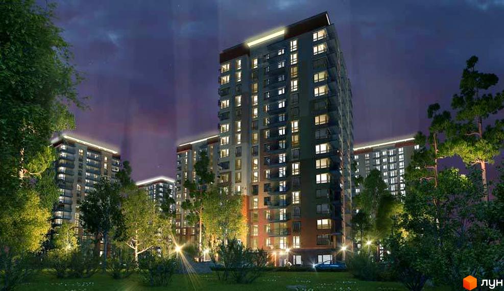 Житловий комплекс Відпочинок вночі. Багатоповерхові будинки з підсвіченими вікнами та балконами оточені деревами та освітленими алеями.