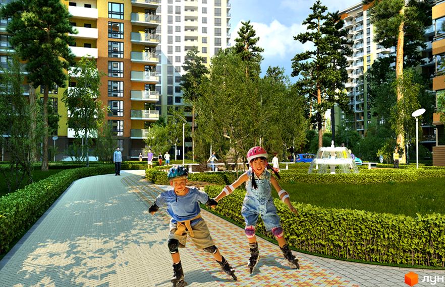Житловий комплекс Відпочинок з яскравими фасадами та зеленою територією. Діти катаються на роликах біля фонтану та багатоповерхових будинків.