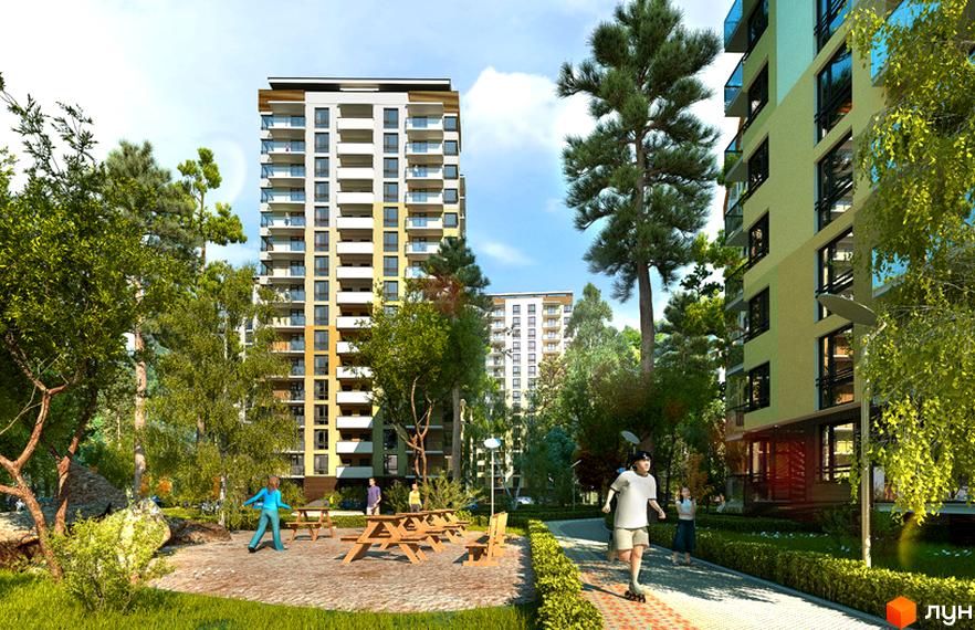 Житловий комплекс Відпочинок. Багатоповерхові будинки з балконами серед дерев. На прибудинковій території є лавочки, столики та люди.