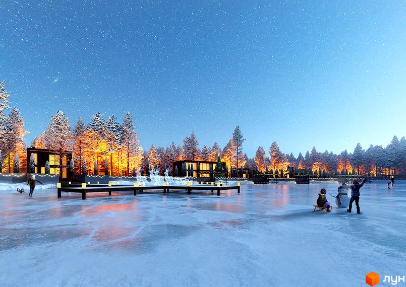 Котеджне містечко Goodwill Residence: темні будинки з великими вікнами оточені освітленими деревами. На замерзлому озері катаються люди та стоять святкові фігури.