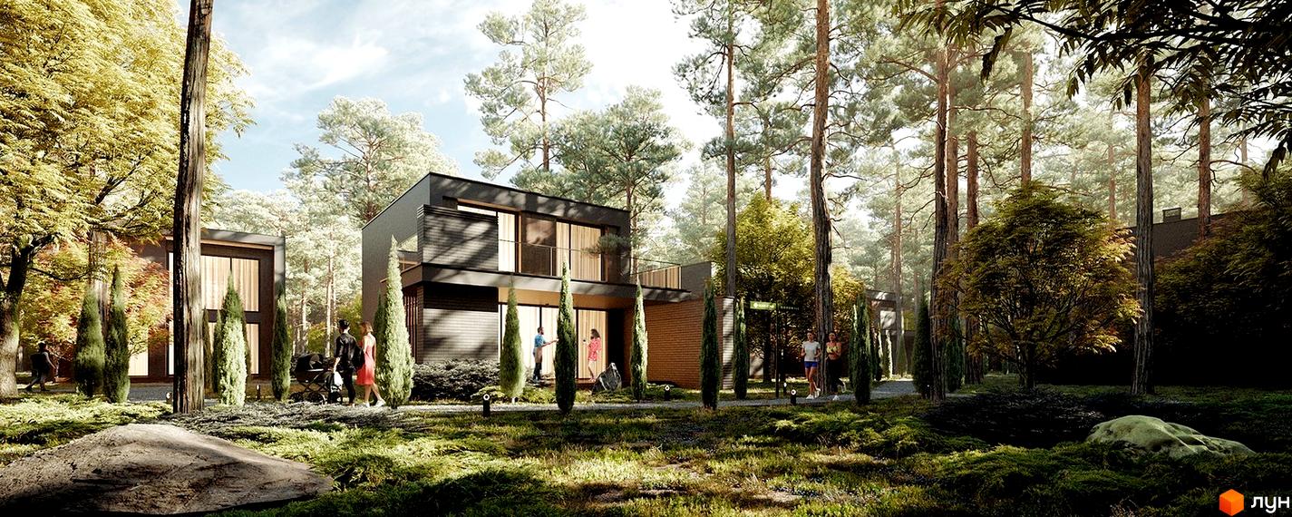 Котеджне містечко Goodwill Residence з темним фасадом та великими вікнами, оточене високими соснами та зеленню. Територія комплексу з доріжками та людьми, що прогулюються.