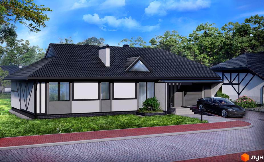 Котеджне містечко Золота Підкова: одноповерховий будинок з темним дахом, великими вікнами та прибудинковою територією з доріжками та зеленню.