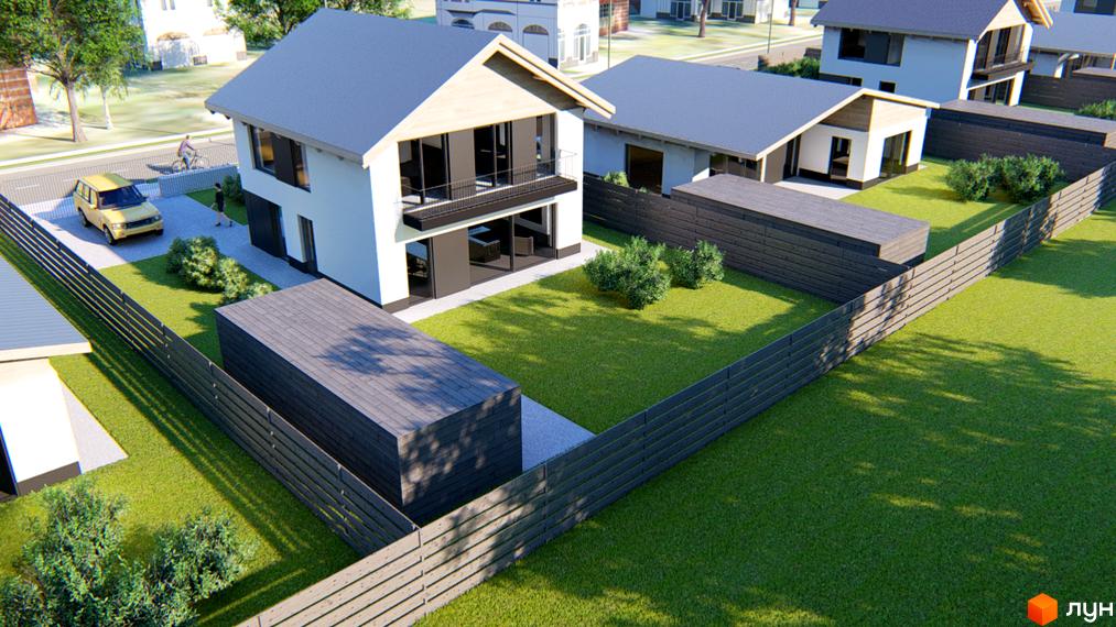 Двоповерховий будинок з великими вікнами та балконом, розташований на зеленій галявині. Поруч з будинком розташований Котеджне містечко Заміський з парканом.