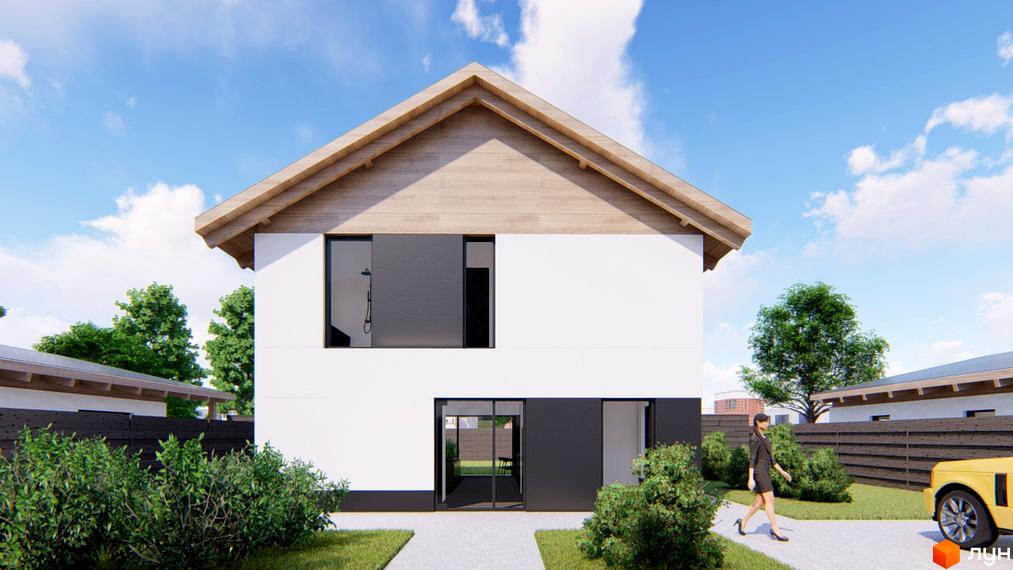 Котеджне містечко КМ Заміський. Зовнішній вигляд двоповерхового будинку з білими стінами та дерев'яним фронтоном, прибудинкова територія з зеленими насадженнями та парканом.