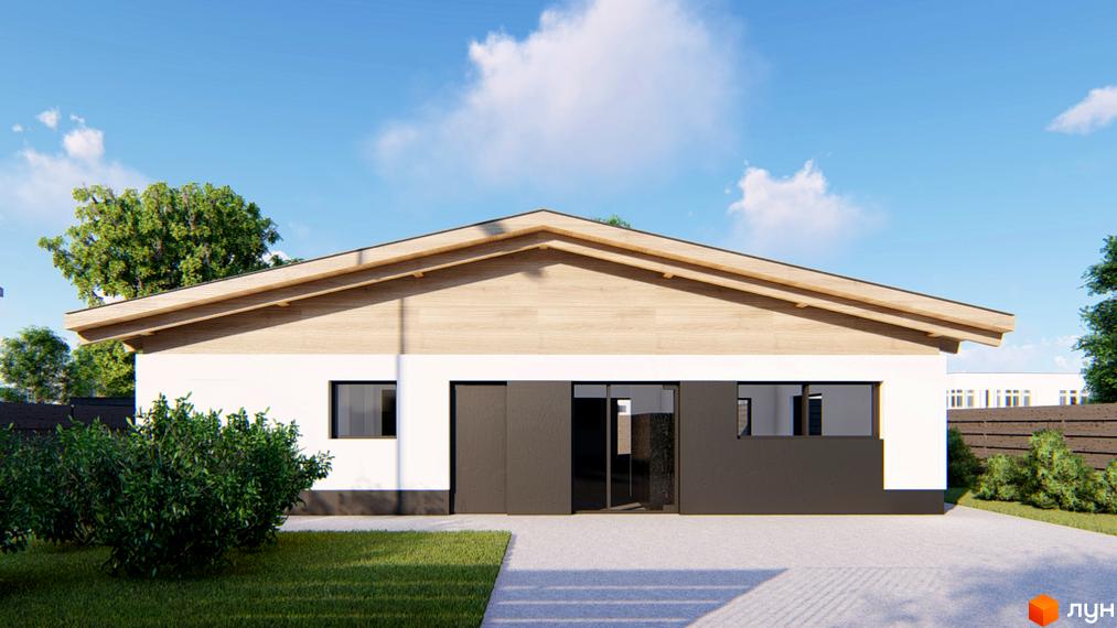 КМ Заміський: одноповерховий будинок з великими вікнами та дерев'яним фронтоном на тлі блакитного неба та зелені. Прибудинкова територія з газоном та кущами.
