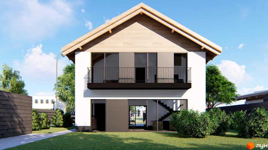 Зовнішній вигляд будинку КМ Заміський з балконом, великими вікнами та ганком. Прибудинкова територія з доглянутим газоном, кущами та парканом.