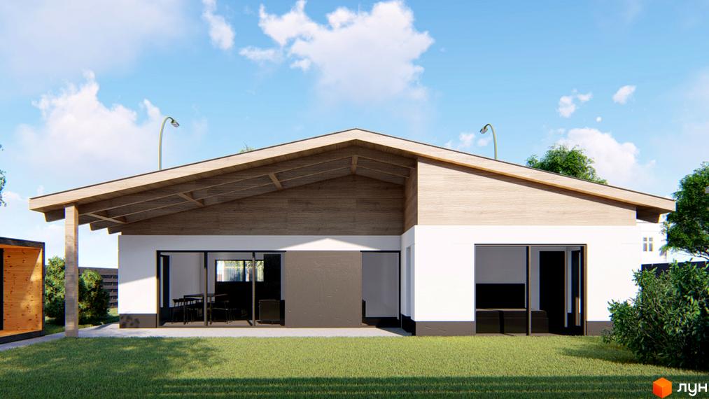 Котеджне містечко Заміський: одноповерховий будинок з великим навісом та скляними дверима, зелена галявина та дерева навколо.