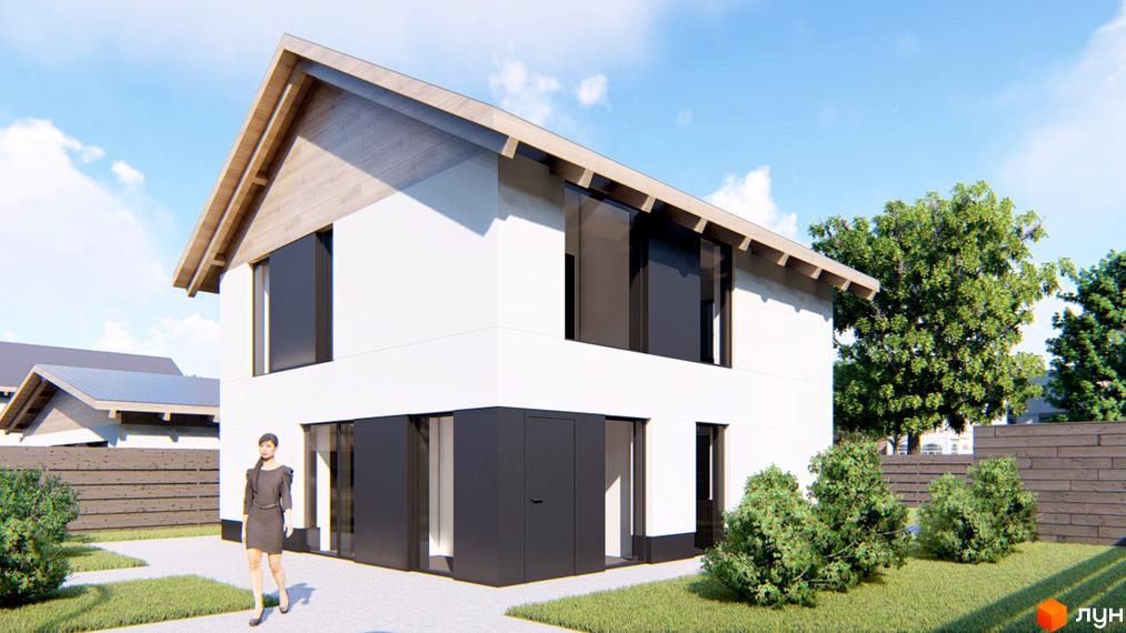 Котеджне містечко КМ Заміський: двоповерховий будинок з білою фасадною системою, великими темними вікнами та прибудинковою територією з зеленими кущами та парканом.