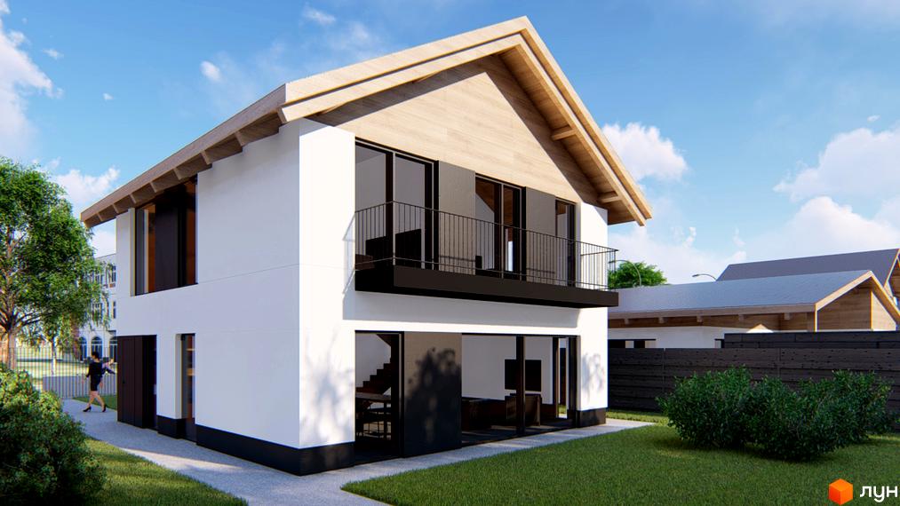 Зовнішній вигляд двоповерхового будинку з балконом та дерев'яним дахом, на тлі якого видно зелену галявину та паркан. Котеджне містечко Заміський.