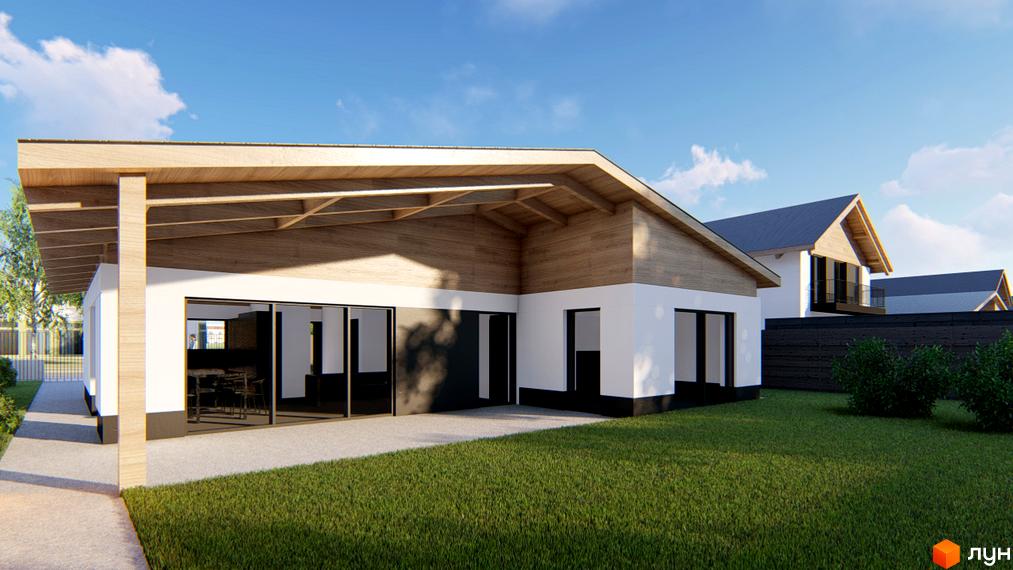 Котеджне містечко Заміський: одноповерховий будинок з навісом та великими вікнами, зелена галявина та сусідні новобудови.