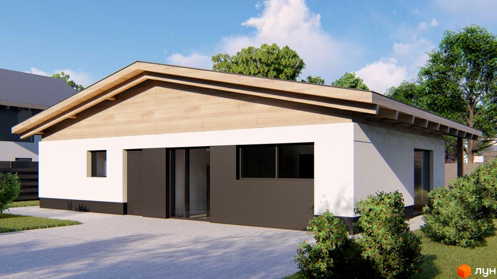 Котеджне містечко Заміський: одноповерховий будинок з дерев'яним фронтоном та великими вікнами, прибудинкова територія з газоном та кущами.