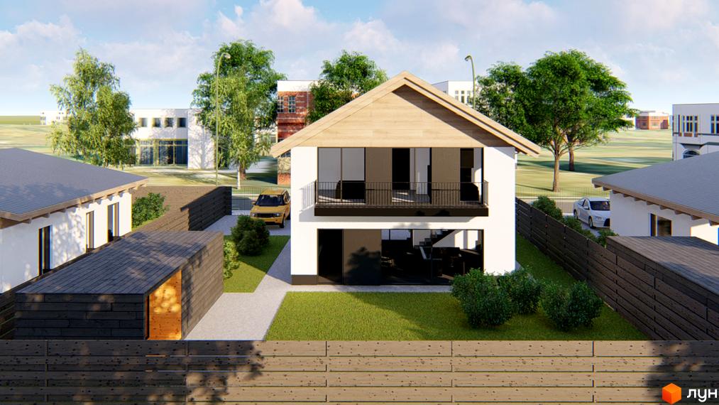 Котеджне містечко КМ Заміський: двоповерховий будинок з балконом та великими вікнами, зелена галявина та дерев'яний паркан.