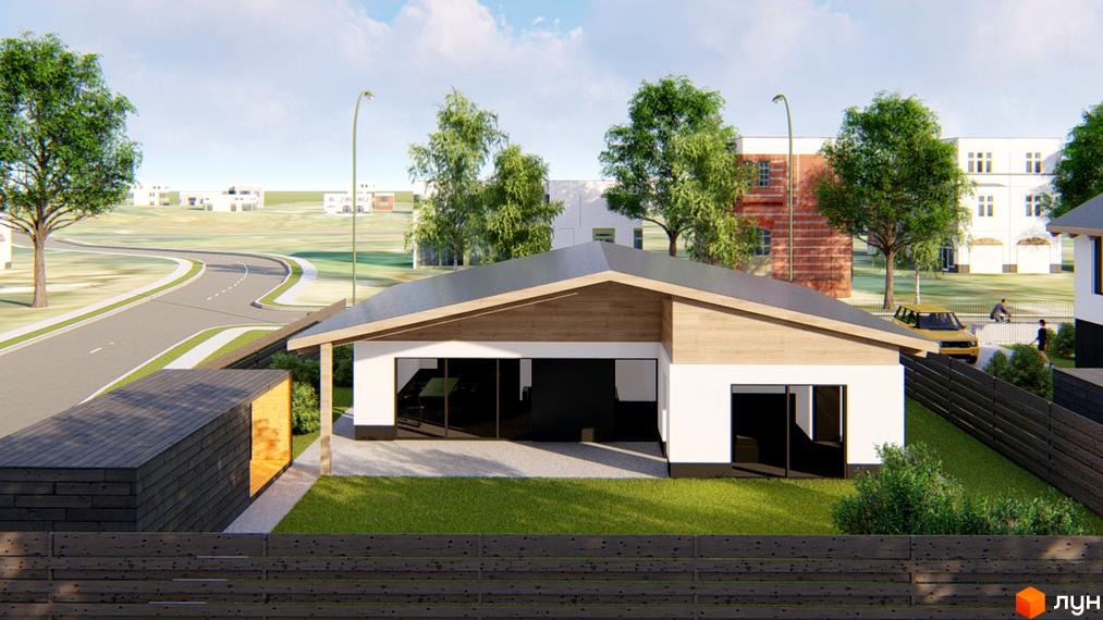 Котеджне містечко Заміський: одноповерховий будинок з великими вікнами та дерев'яними елементами фасаду, прибудинкова територія з газоном та парканом.