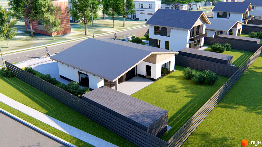 Котеджне містечко Заміський: одноповерховий будинок з сірим дахом та прибудинкова територія з газоном та парканом. Навколо розташовані схожі котеджі.